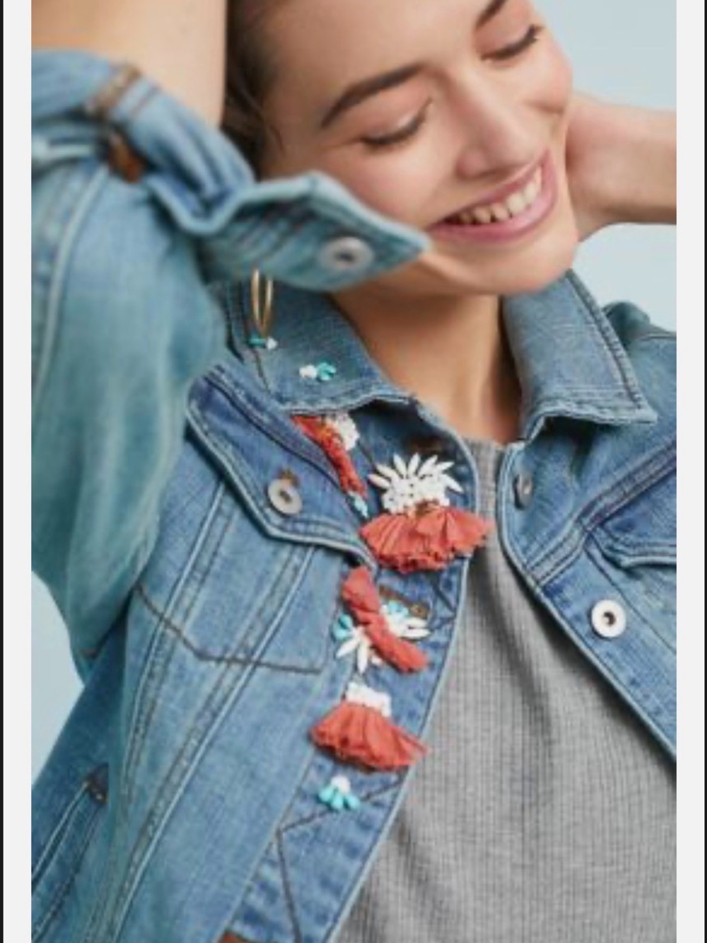 Anthropologie Light Blue Embroidered Jean Jacket with Coral Accents